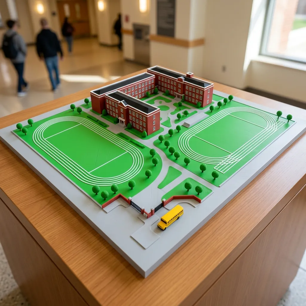 Concept render of a 3D-printed school campus model