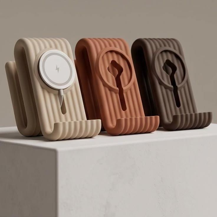 Three ripple phone stands in sand, terracotta and brown
